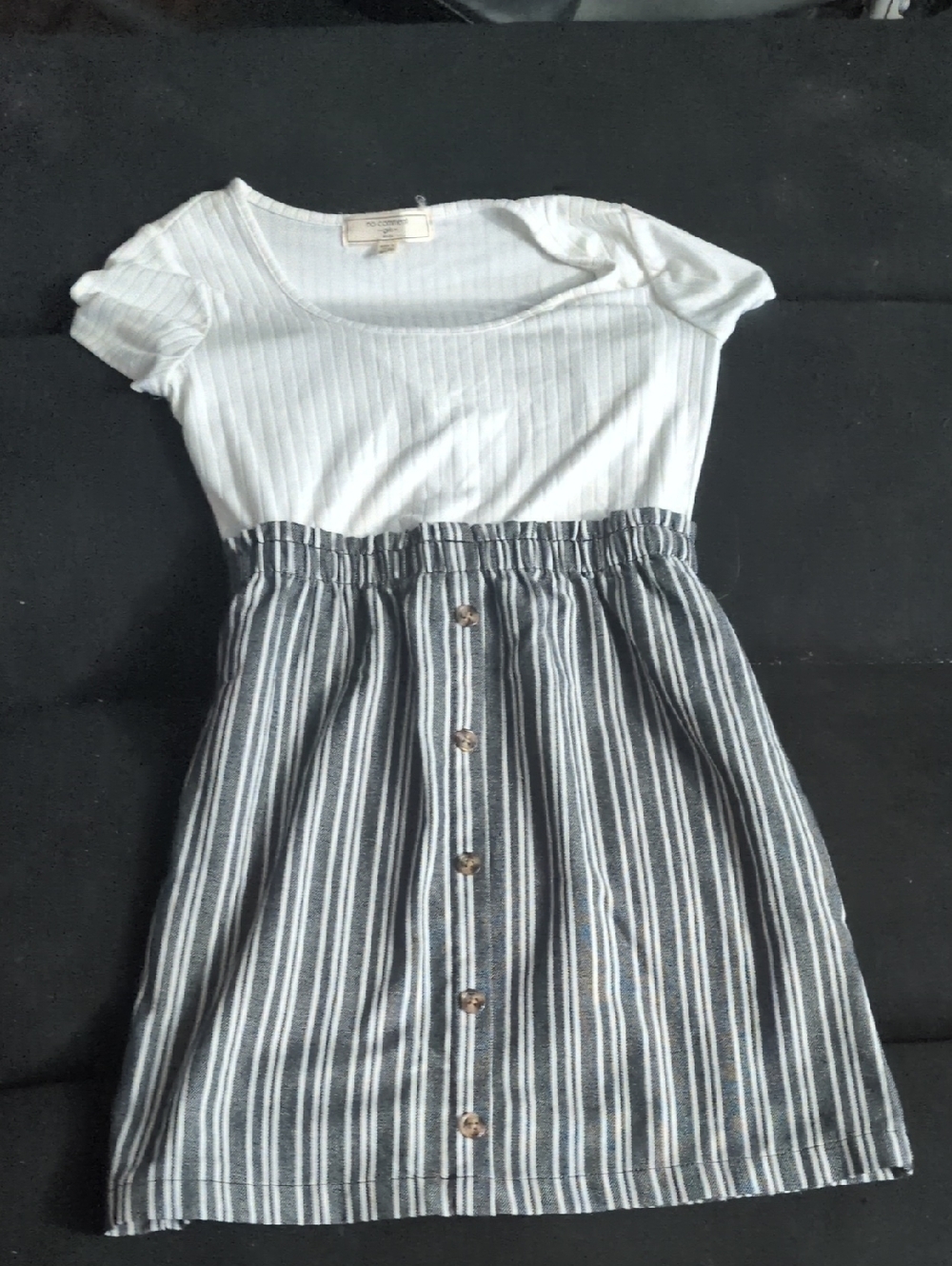 Girls White Ribbed Top with Black & White Striped Button-Front Skirt Dress